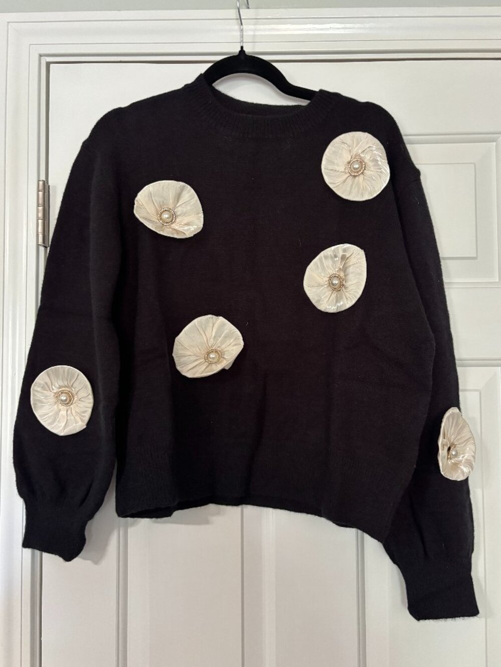 Black Sweater with Pearl and Satin Embellishment